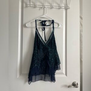 Beaded Lace Halter Cami - Deep Teal Green